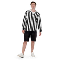 Distressed black and white vertical stripe jacket, front view