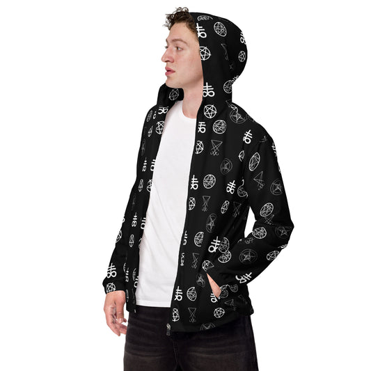 Demonology occult symbol patterned jacket, left-front view