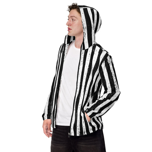 Distressed black and white vertical stripe jacket, left-front view