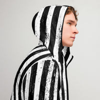 Distressed black and white vertical stripe jacket, right-side view