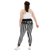 Distressed Black & White Vertical Stripes pattern on plus size women's leggings, back view