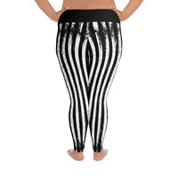 Distressed Black & White Vertical Stripes pattern on plus size women's leggings, back view