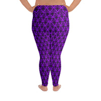 Purple Haunted Mansion pattern on plus size women's leggings, back view