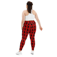 Red Krampus pattern on plus size women's leggings, back view