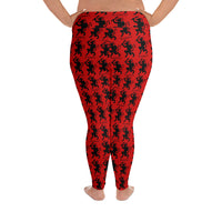 Red Krampus pattern on plus size women's leggings, back view