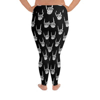 Devil Horns Bone Hands pattern on plus size women's leggings, back view