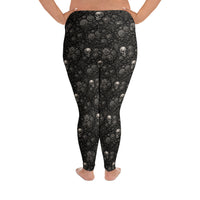 Skulls & Roses pattern on plus size women's leggings, back view