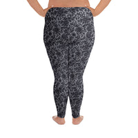 Black Rose Lace pattern on plus size women's leggings, back view
