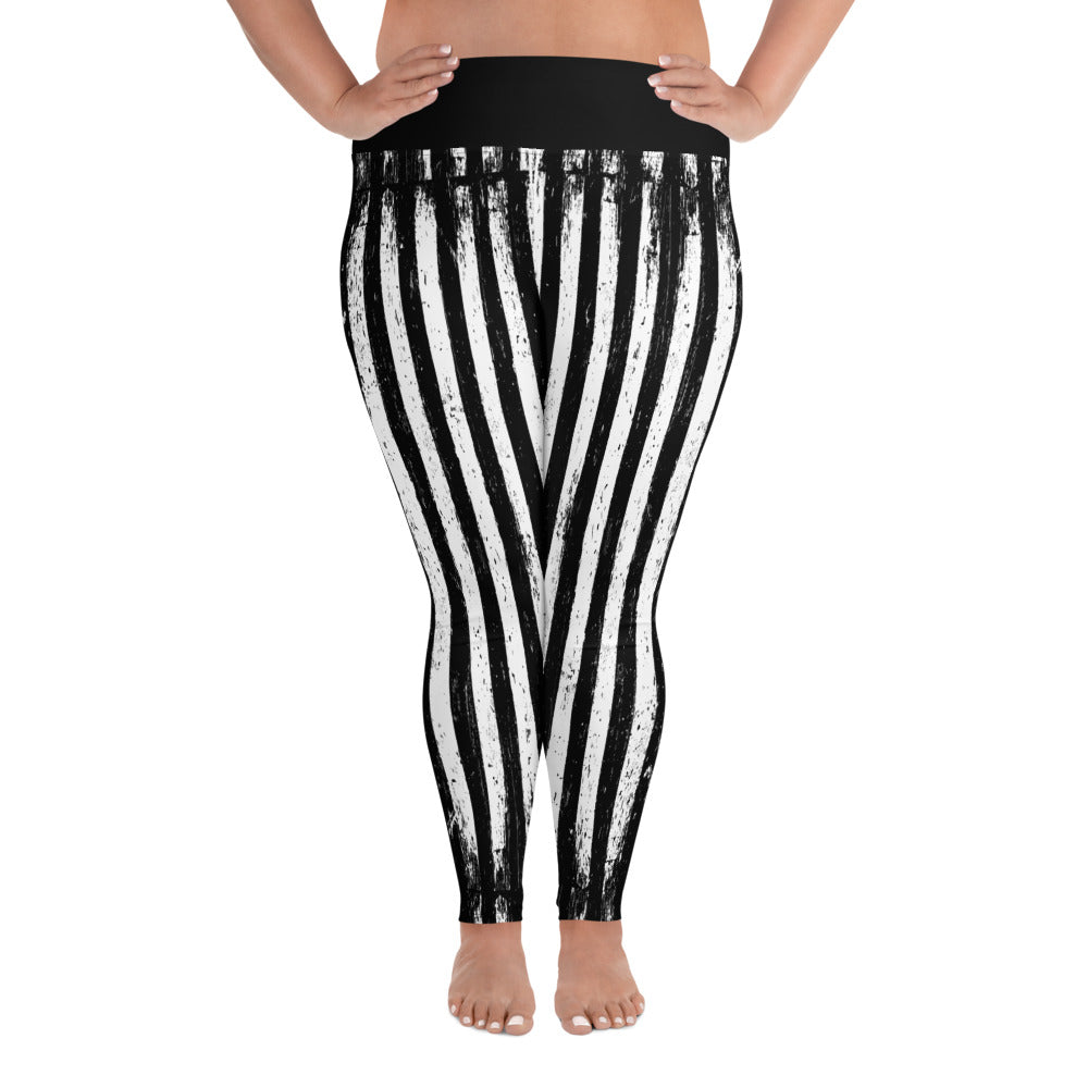 Distressed Black & White Vertical Stripes pattern on plus size women's leggings, front view