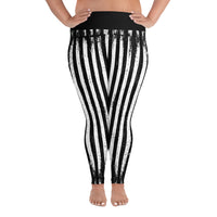 Distressed Black & White Vertical Stripes pattern on plus size women's leggings, front view