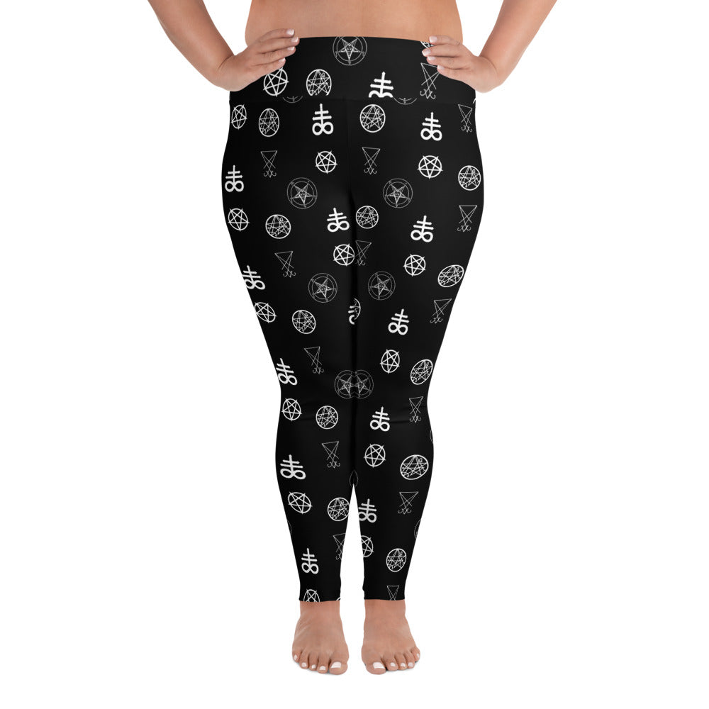 Demonology Occult Symbols pattern on plus size women's leggings, front view