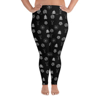 Demonology Occult Symbols pattern on plus size women's leggings, front view