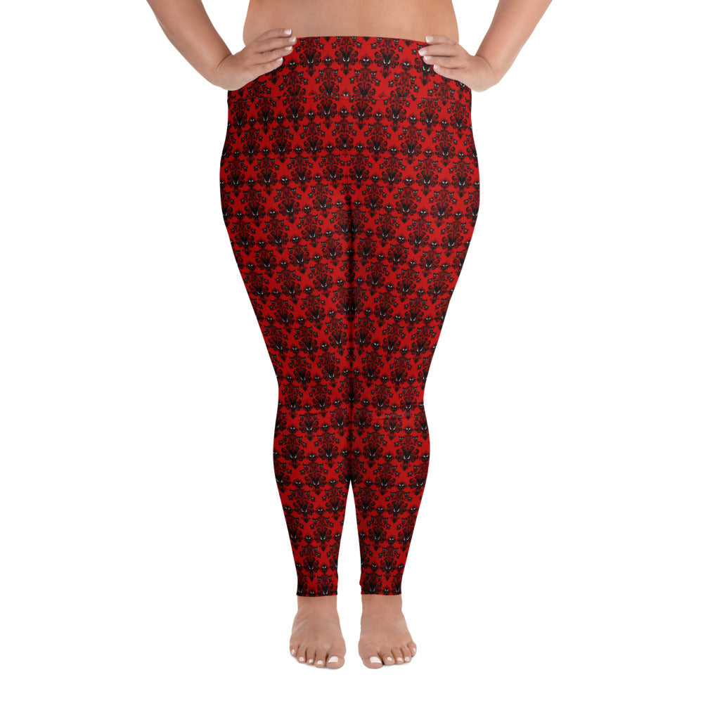 Red Haunted Mansion pattern on plus size women's leggings, front view