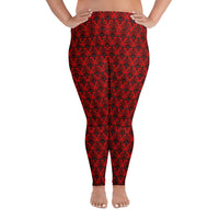 Red Haunted Mansion pattern on plus size women's leggings, front view