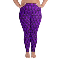 Purple Haunted Mansion pattern on plus size women's leggings, front view