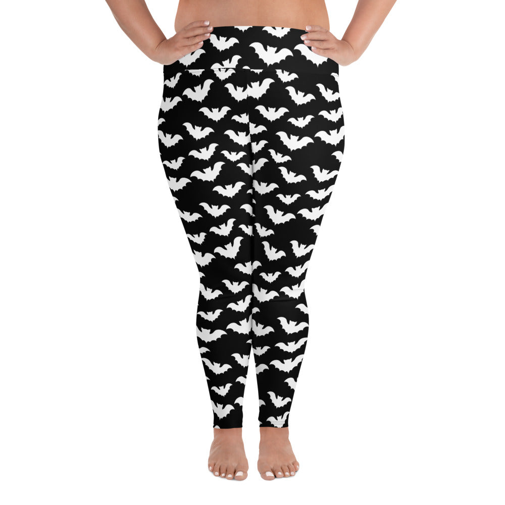 Flying Vampire Bats pattern on plus size women's leggings, front view