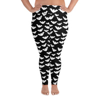 Flying Vampire Bats pattern on plus size women's leggings, front view
