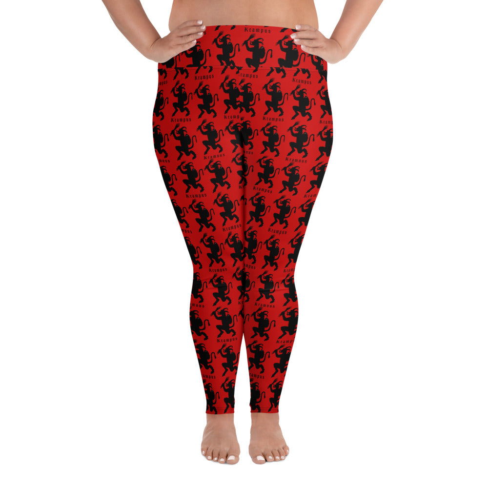 Red Krampus pattern on plus size women's leggings, front view