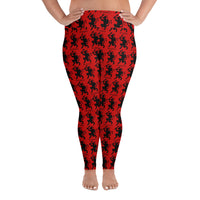 Red Krampus pattern on plus size women's leggings, front view