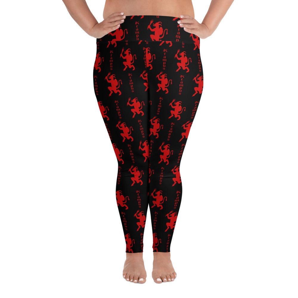 Black Krampus pattern on plus size women's leggings, front view