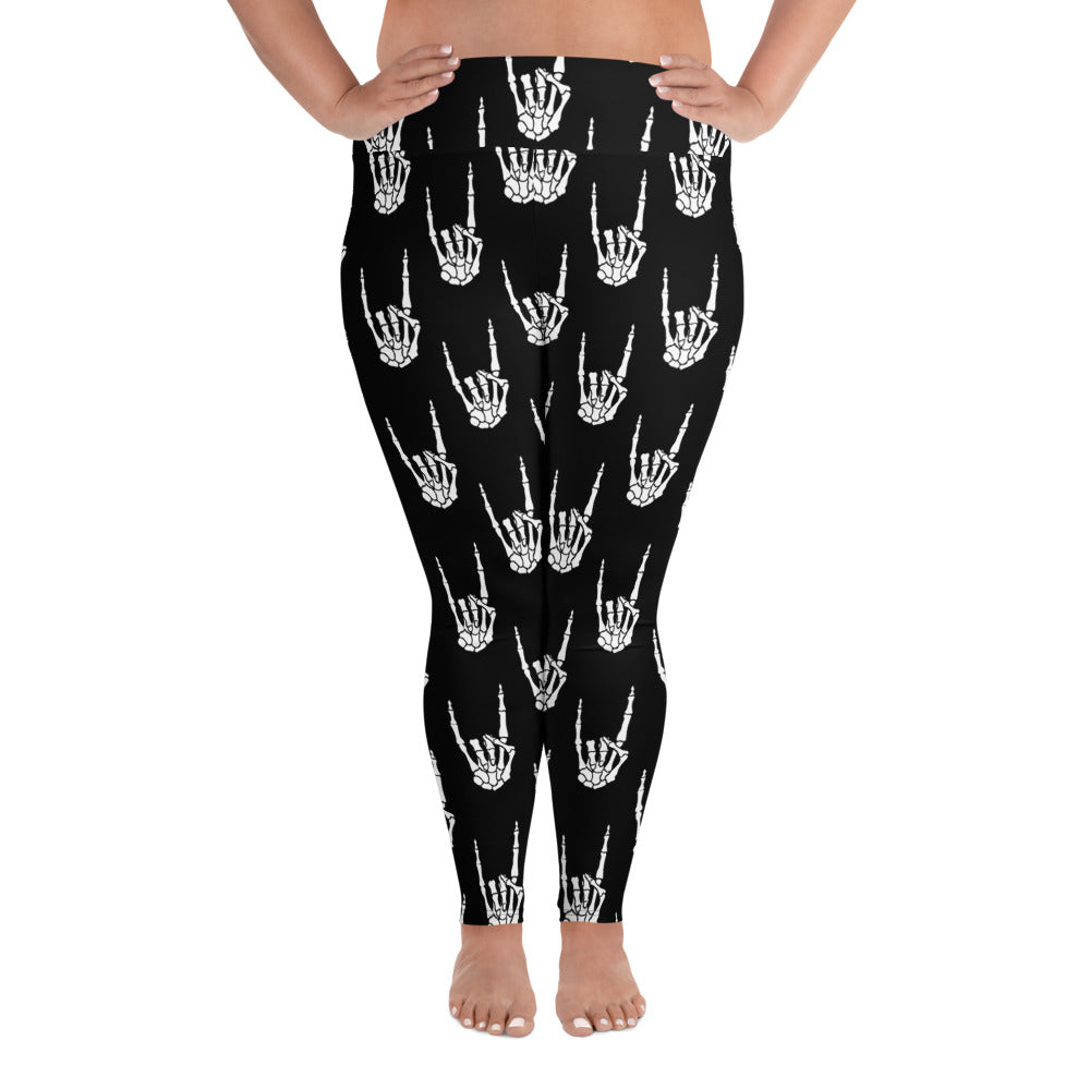 Devil Horns Bone Hands pattern on plus size women's leggings, front view