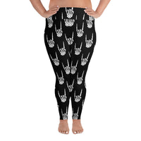 Devil Horns Bone Hands pattern on plus size women's leggings, front view