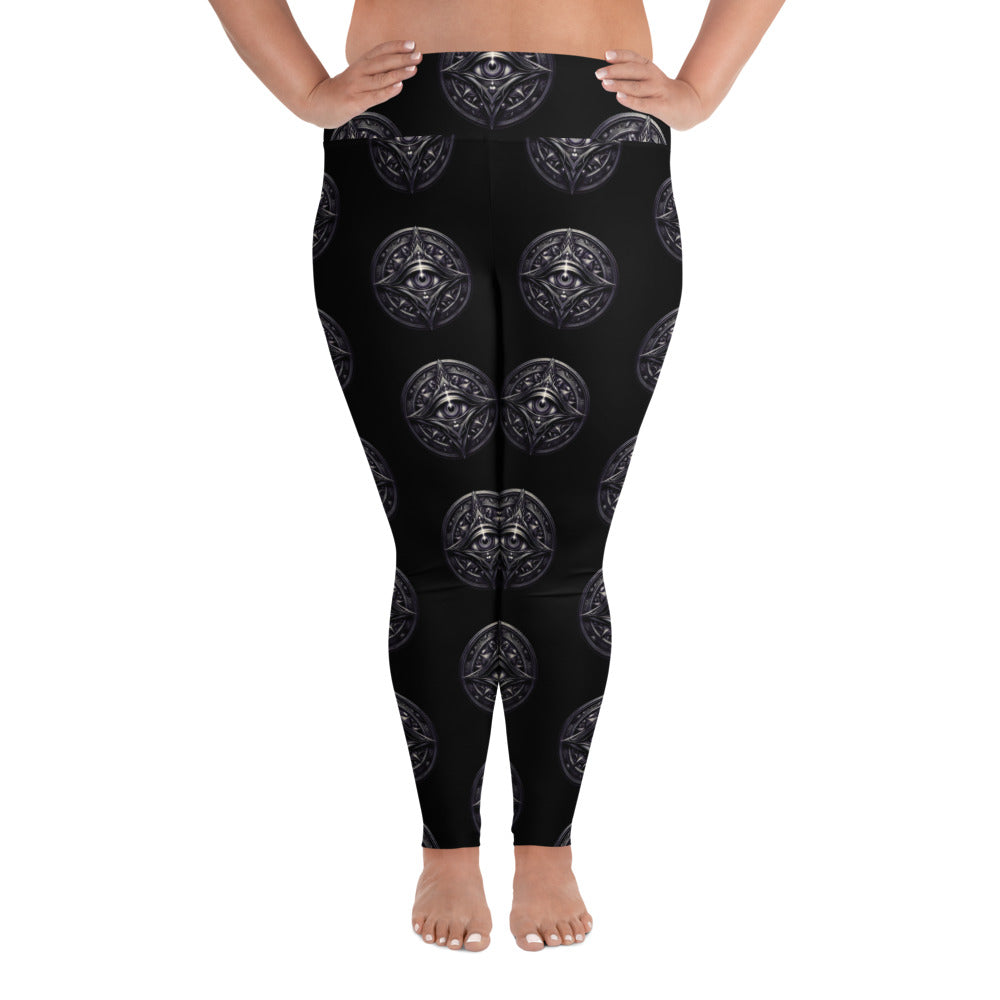 All-Seeing Eye Medallions pattern on plus size women's leggings, front view