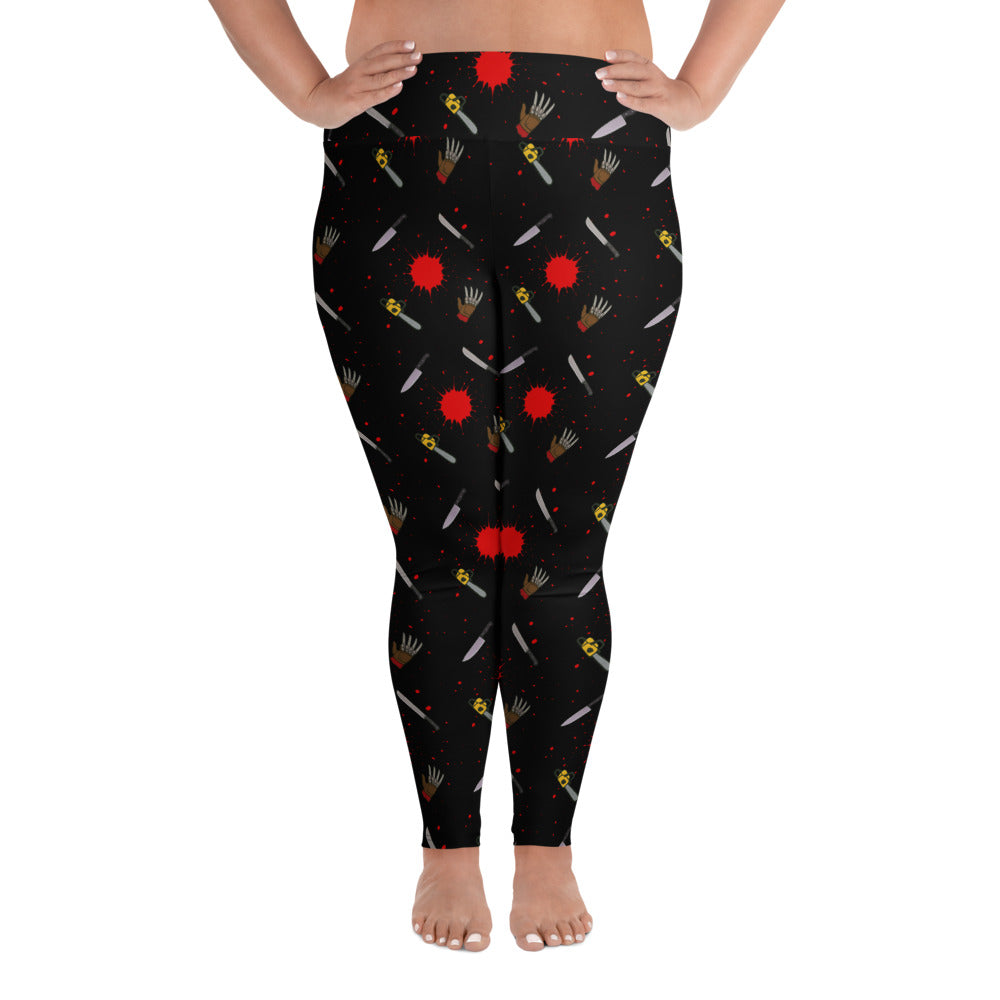 Classic Horror Weapons pattern on plus size women's leggings, front view