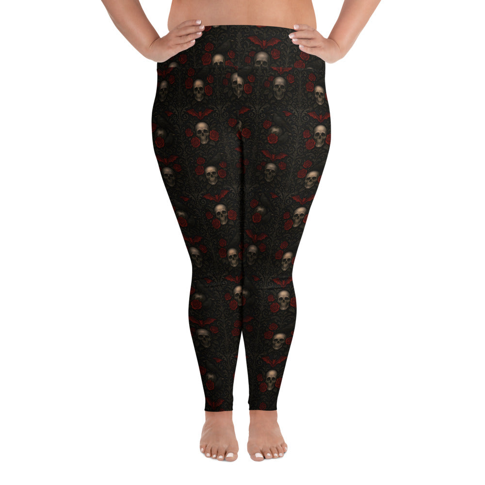 Skulls Bats Roses & Ravens pattern on plus size women's leggings, front view