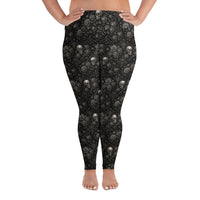 Skulls & Roses pattern on plus size women's leggings, front view
