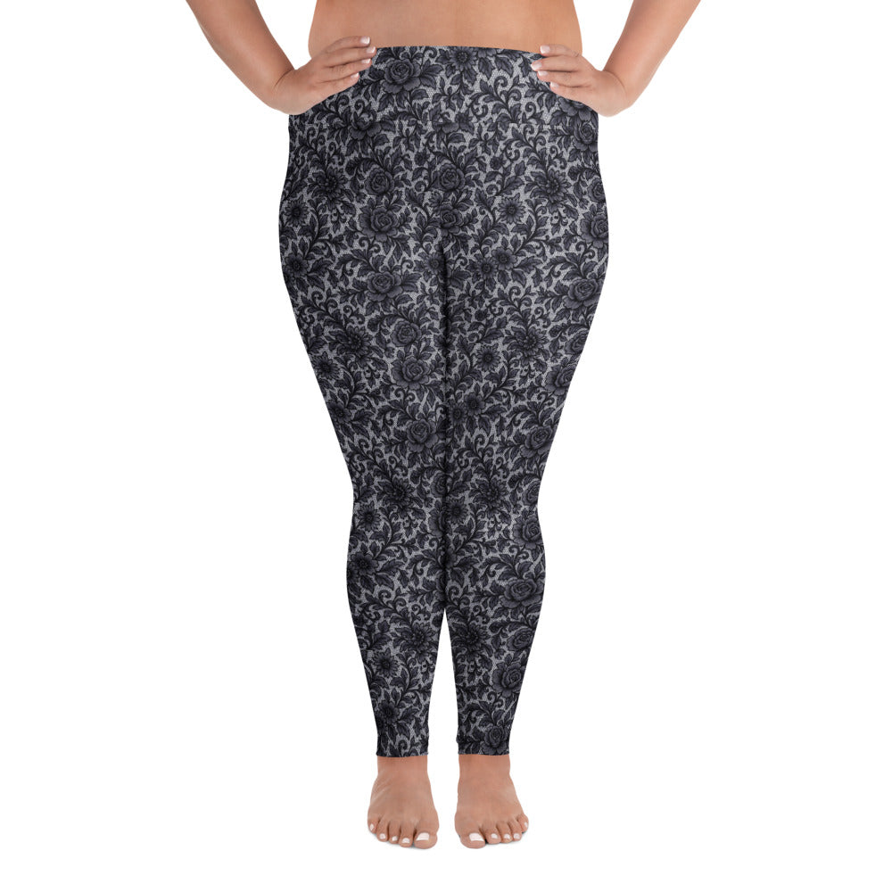Black Rose Lace pattern on plus size women's leggings, front view