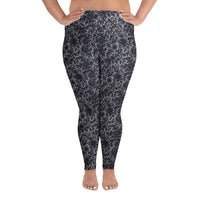 Black Rose Lace pattern on plus size women's leggings, front view