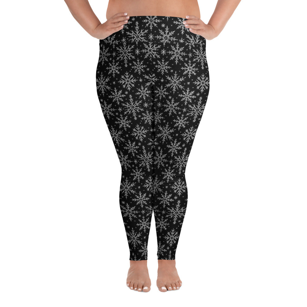Gothic Snowflakes pattern on plus size women's leggings, front view