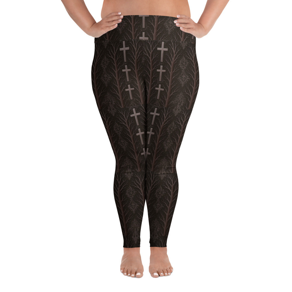 Gothic Cross & Dead Trees pattern on plus size women's leggings, front view