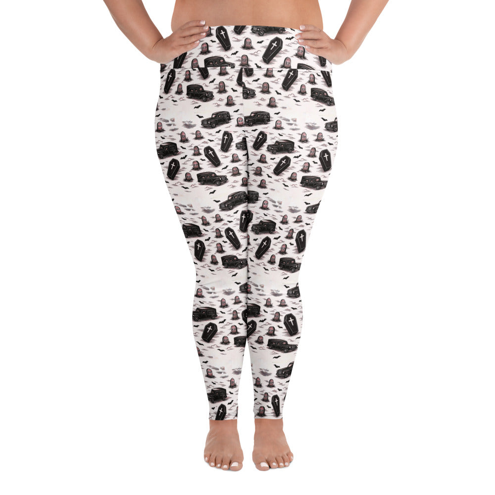 Hearse & Coffin pattern on plus size women's leggings, front view