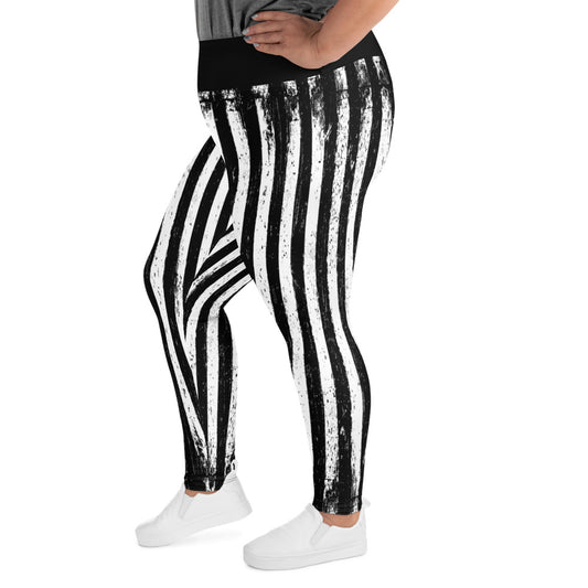 Distressed Black & White Vertical Stripes pattern on plus size women's leggings, left-side view