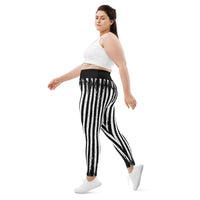 Distressed Black & White Vertical Stripes pattern on plus size women's leggings, left-side view