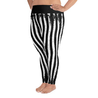 Distressed Black & White Vertical Stripes pattern on plus size women's leggings, left-side view