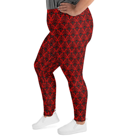 Red Haunted Mansion pattern on plus size women's leggings, left-side view