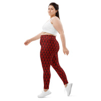Red Haunted Mansion pattern on plus size women's leggings, left-side view