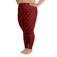 Red Haunted Mansion pattern on plus size women's leggings, left-side view