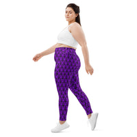 Purple Haunted Mansion pattern on plus size women's leggings, left-side view