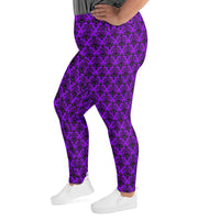 Purple Haunted Mansion pattern on plus size women's leggings, left-side view