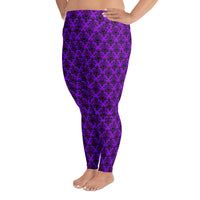 Purple Haunted Mansion pattern on plus size women's leggings, left-side view
