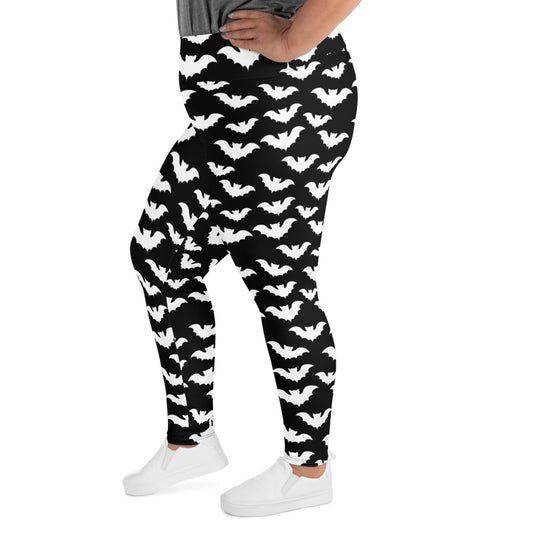 Flying Vampire Bats pattern on plus size women's leggings, left-side view