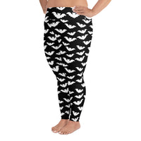 Flying Vampire Bats pattern on plus size women's leggings, left-side view