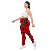 Red Krampus pattern on plus size women's leggings, left-side view