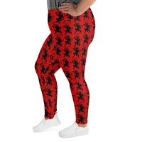 Red Krampus pattern on plus size women's leggings, left-side view