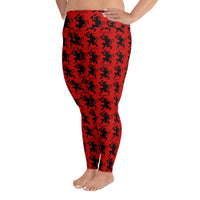 Red Krampus pattern on plus size women's leggings, left-side view