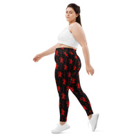Black Krampus pattern on plus size women's leggings, left-side view